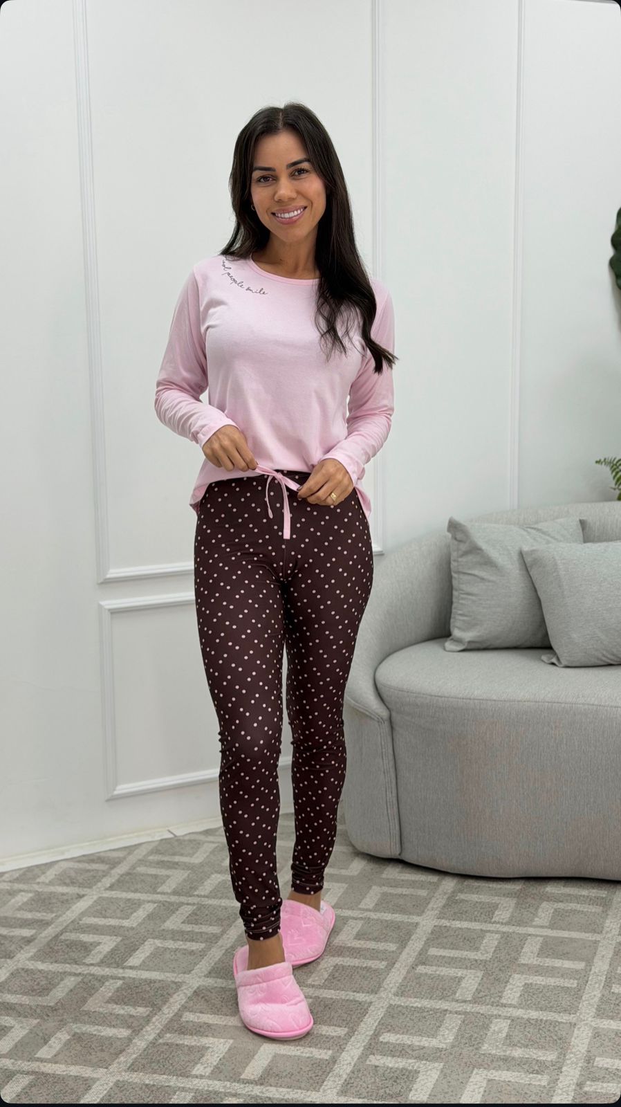 Pijama Longo Rosa c/ Bolinhas